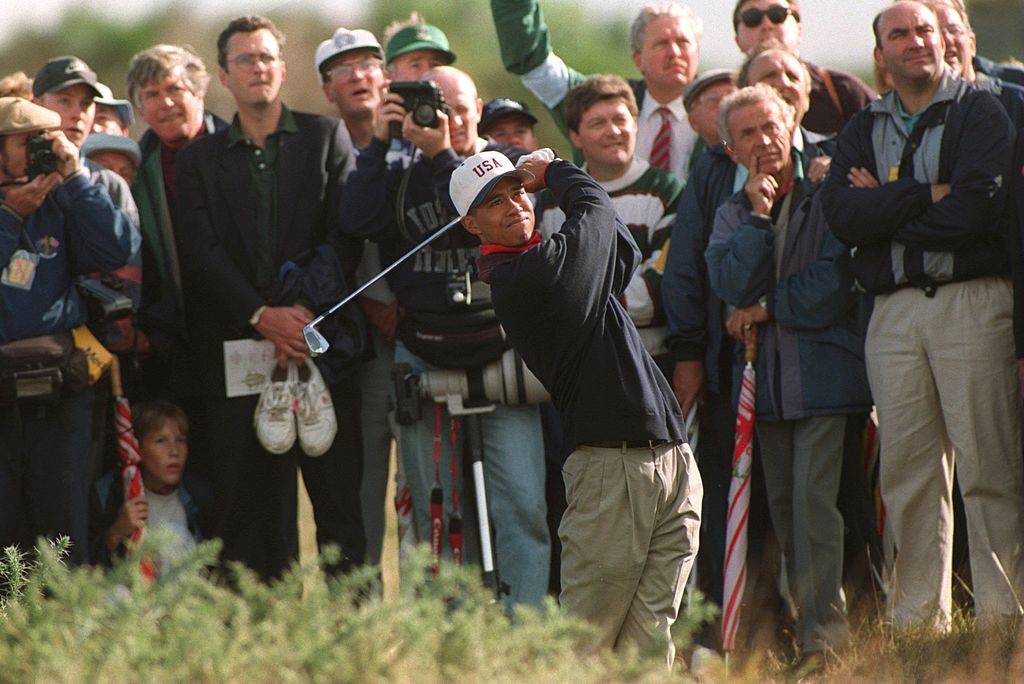 TIGER WOODS OF THE UNITED STATES PLAYS HIS APPROACH SHOT TO THE 5TH HOLE DURING THE FIRST MORNING OF THE WALKER CUP AT THE ROYAL PORTHCAWL GOLF COURSE
